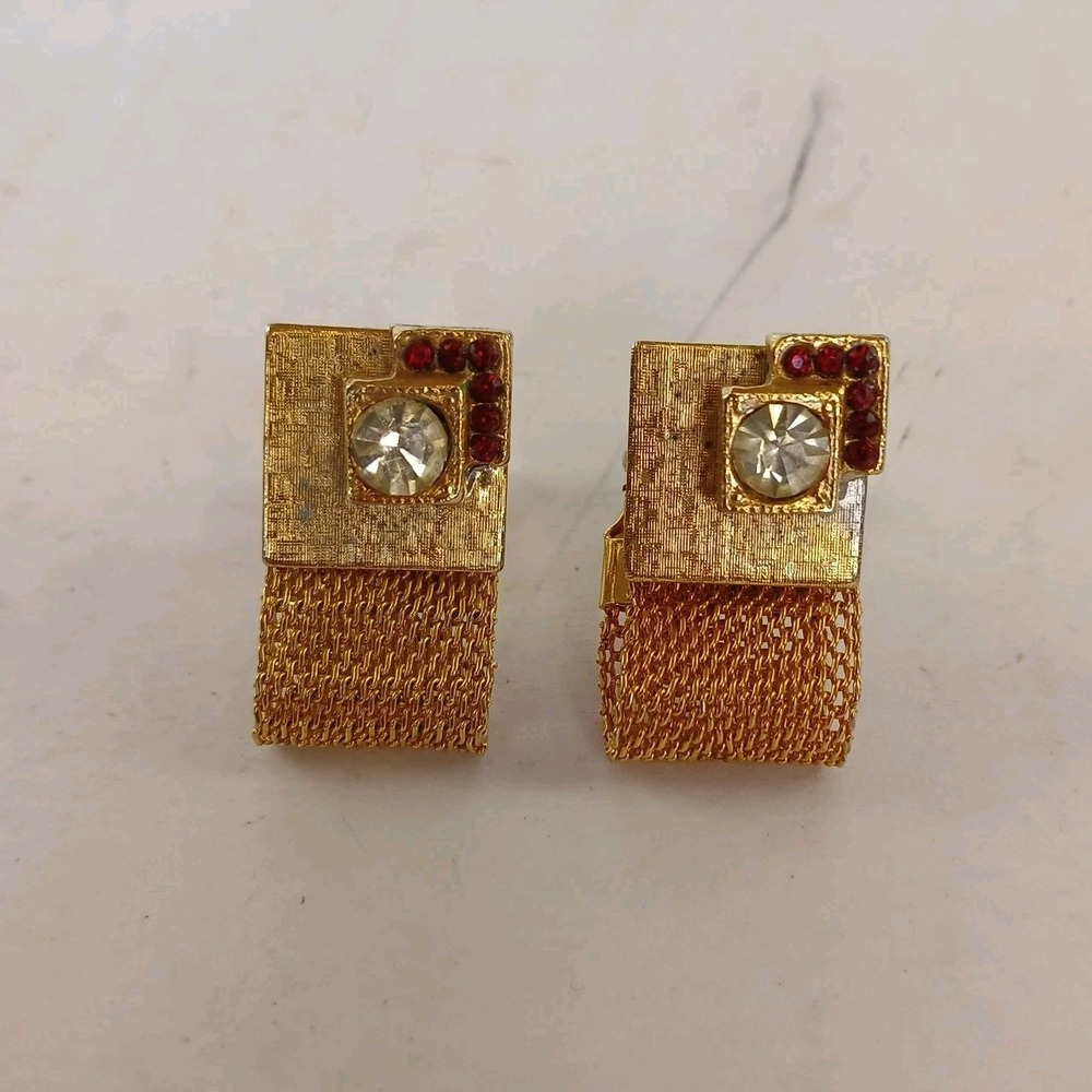 Vintage Gold Tone Clear & Red Rhinestone Wrap Around Mesh Cuff Links